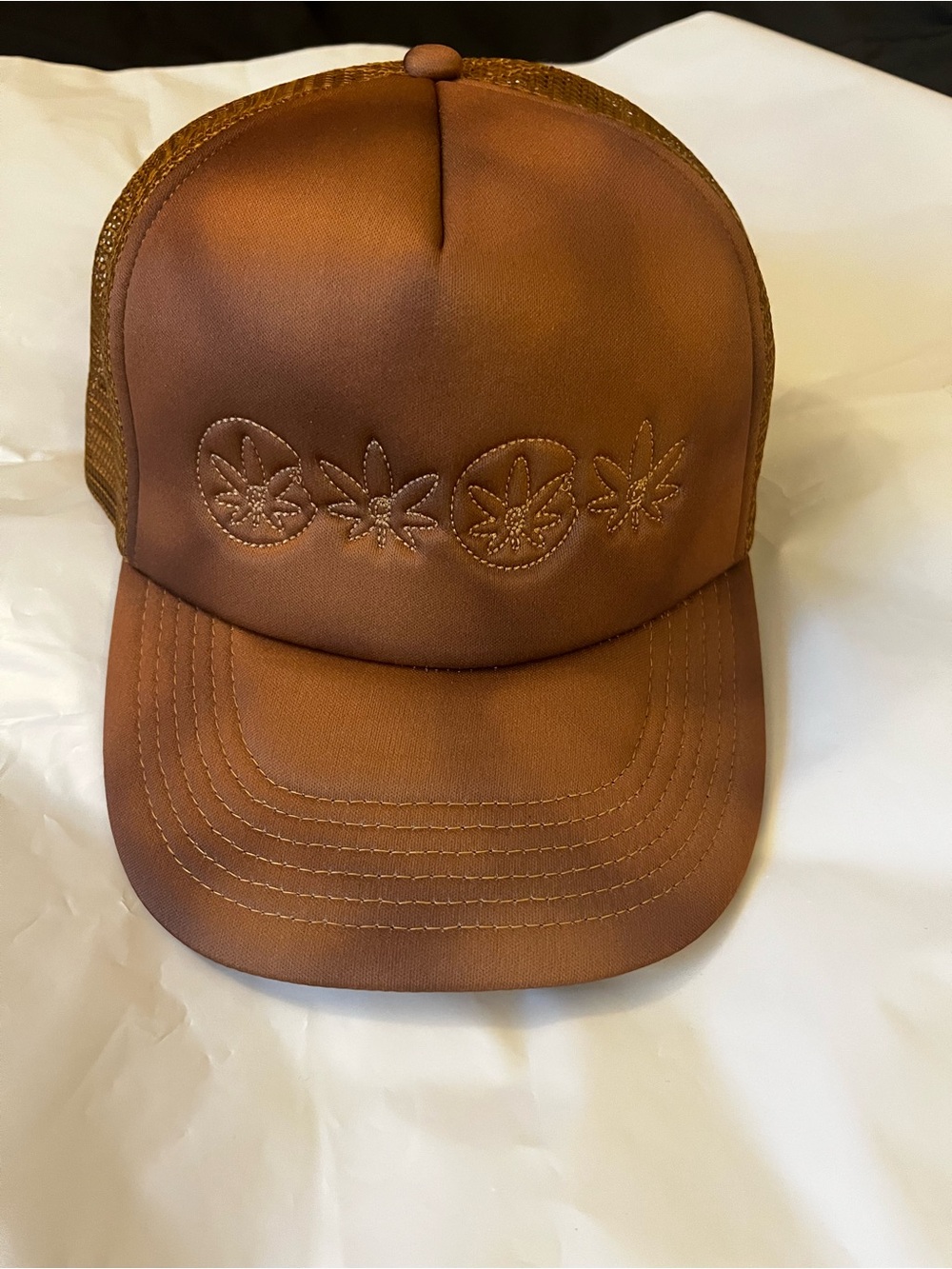 Brown Men's Trucker Hat with Embossed Leaf Design